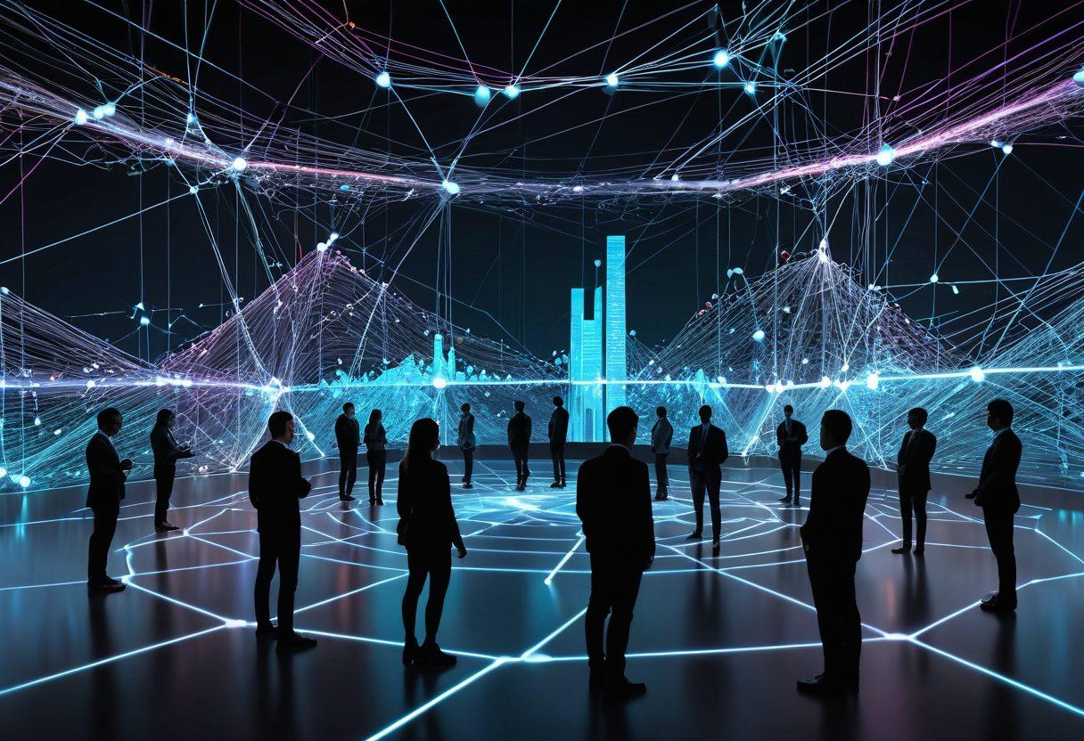 A visually striking composition showcasing intertwining digital threads symbolizing connectivity, set against a backdrop of dynamic graphs and quality metrics like latency and bandwidth. Incorporate glowing nodes and circuits to represent seamless online interactions, with a diverse group of people engaging with technology. Use a palette of vibrant colors to convey energy and sophistication. super-realistic. vibrant colors. 3D.