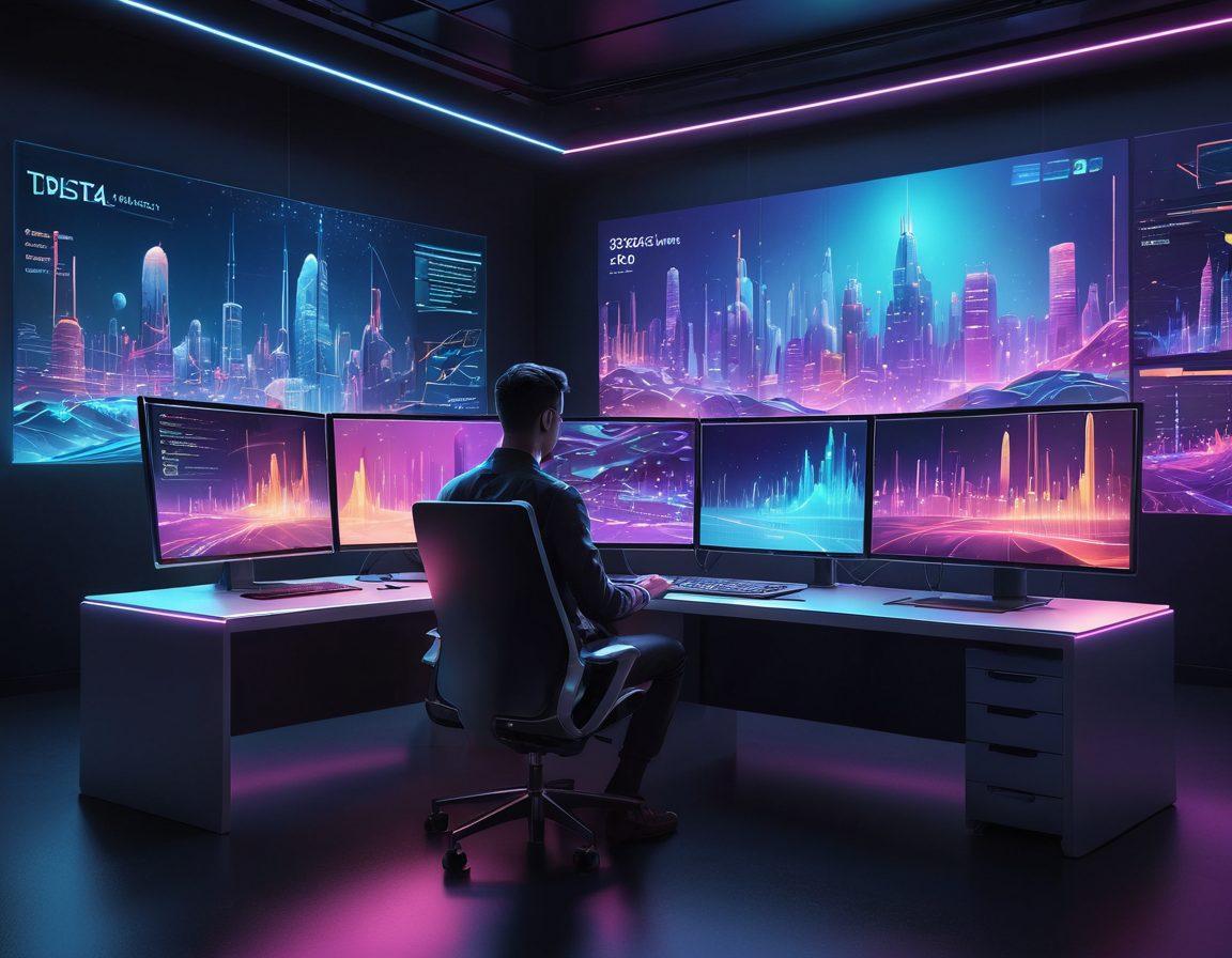 A serene digital landscape showcasing a futuristic city with vibrant neon lights and flowing data streams, symbolizing online connectivity. Include a person sitting at a sleek workstation, analyzing performance metrics on multiple holographic screens, surrounded by floating aesthetic elements representing quality testing. Emphasize a harmonious blend of technology and artistry to reflect an elevated online experience. vibrant colors. super-realistic. futuristic.