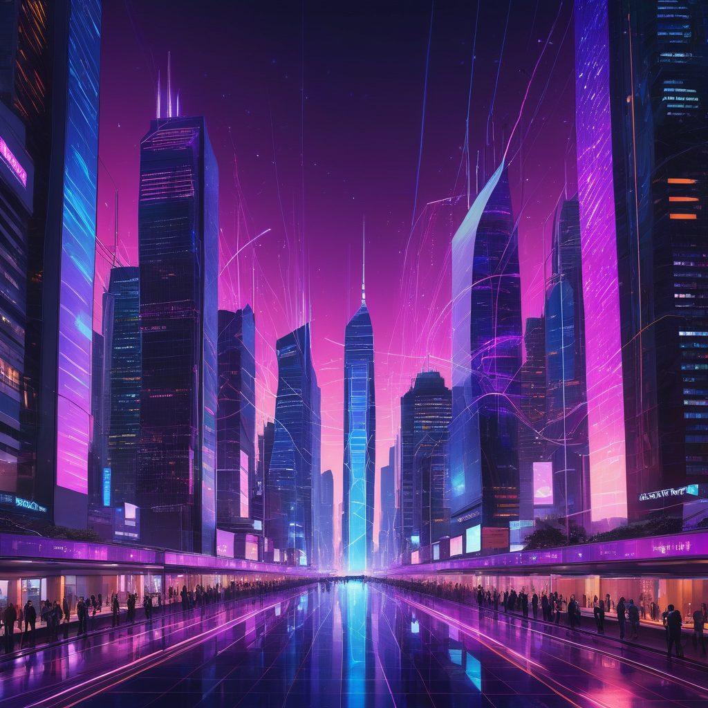 A futuristic cityscape showcasing various digital elements like network signals and aesthetic designs. Incorporate vibrant colors to symbolize the dynamic nature of digital landscapes, with graphic representations of data flow and connectivity. Include a person analyzing a digital interface, reflecting the process of evaluating network quality. The sky should be filled with a gradient of blue and purple hues to evoke creativity and innovation. super-realistic. vibrant colors. 3D.